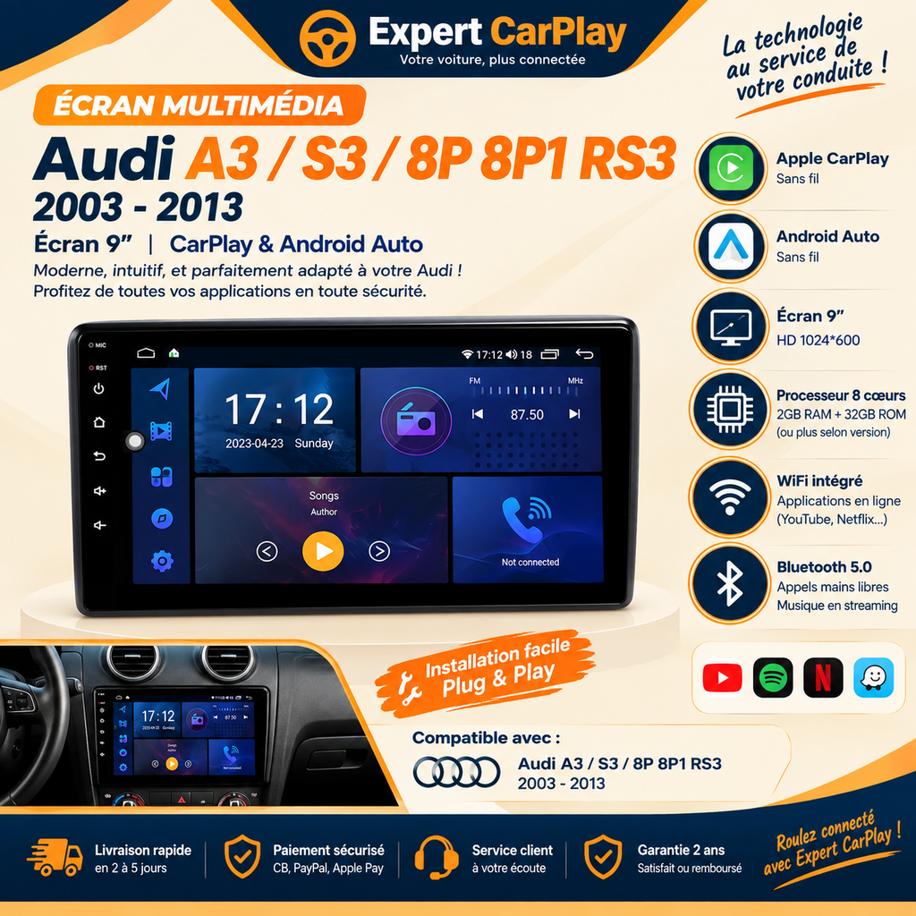 Autoradio CarPlay Android 12 Audi A3 2003-2013