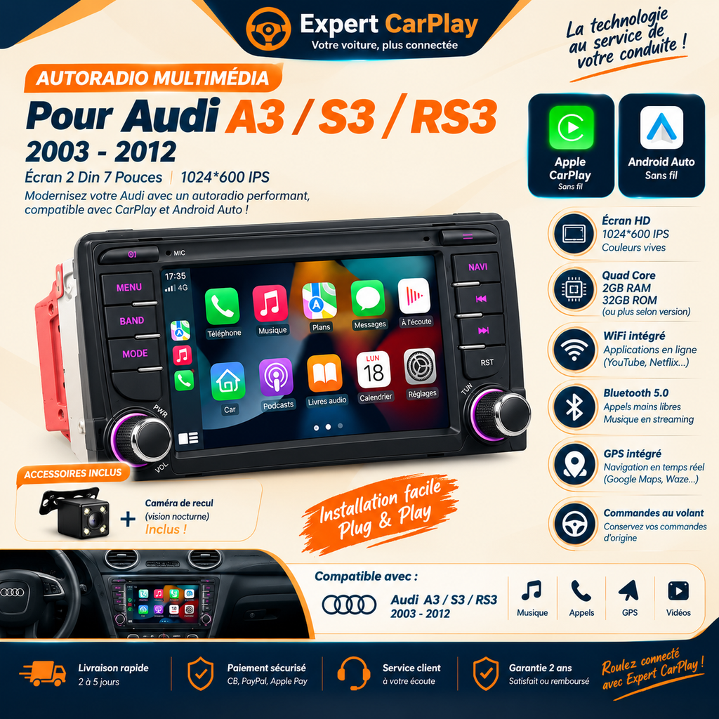 Écran CarPlay Android Auto Audi A3/S3/RS3