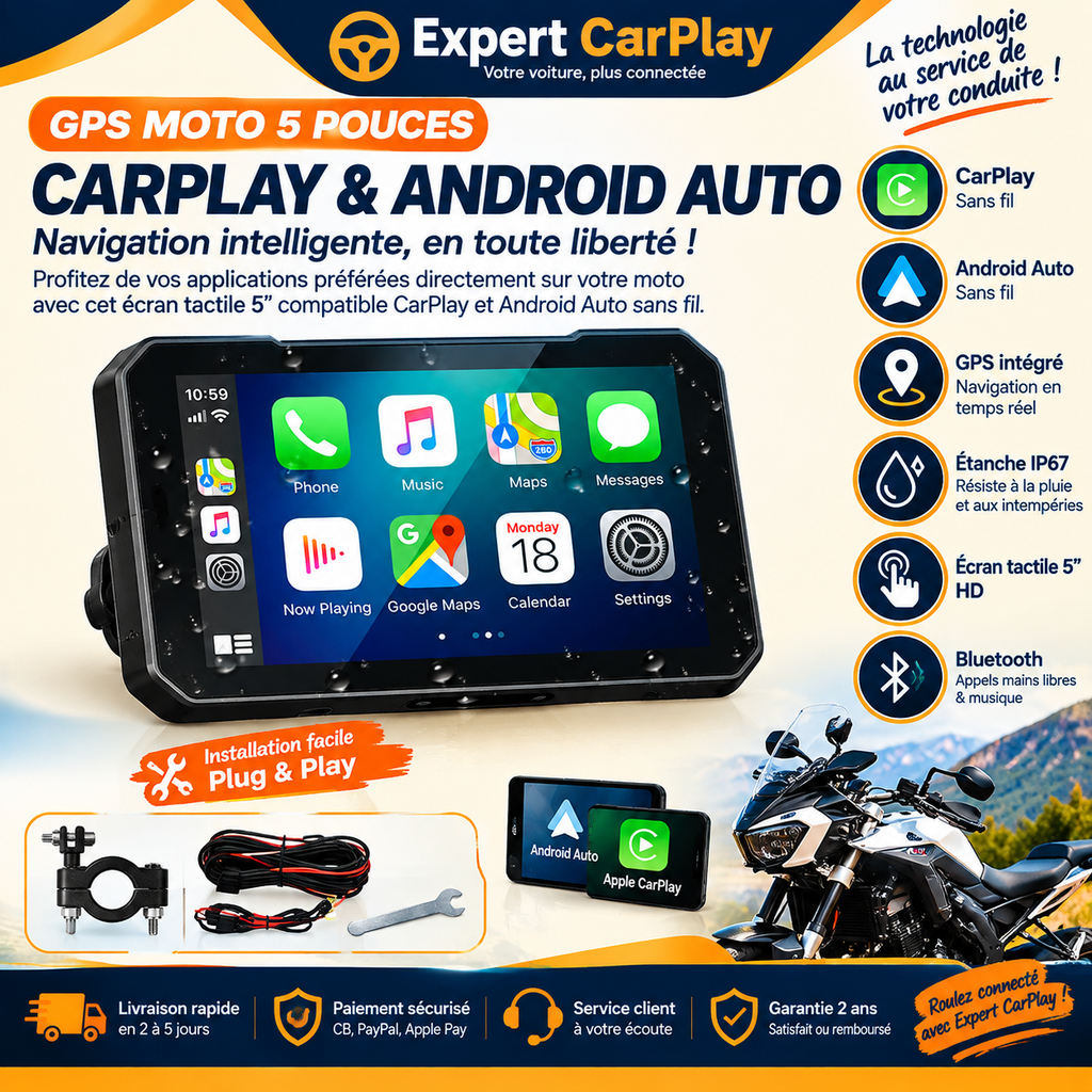 Écran moto CarPlay Android Auto 5 pouces – navigation GPS portable étanche