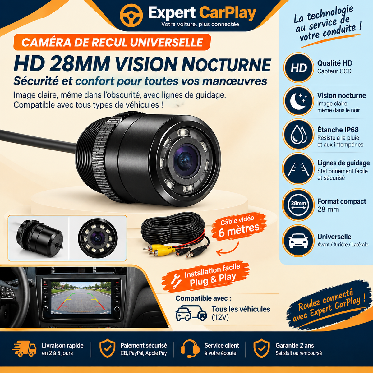 Caméra de recul universelle 28 mm HD avec vision nocturne – étanche, câble 6 m