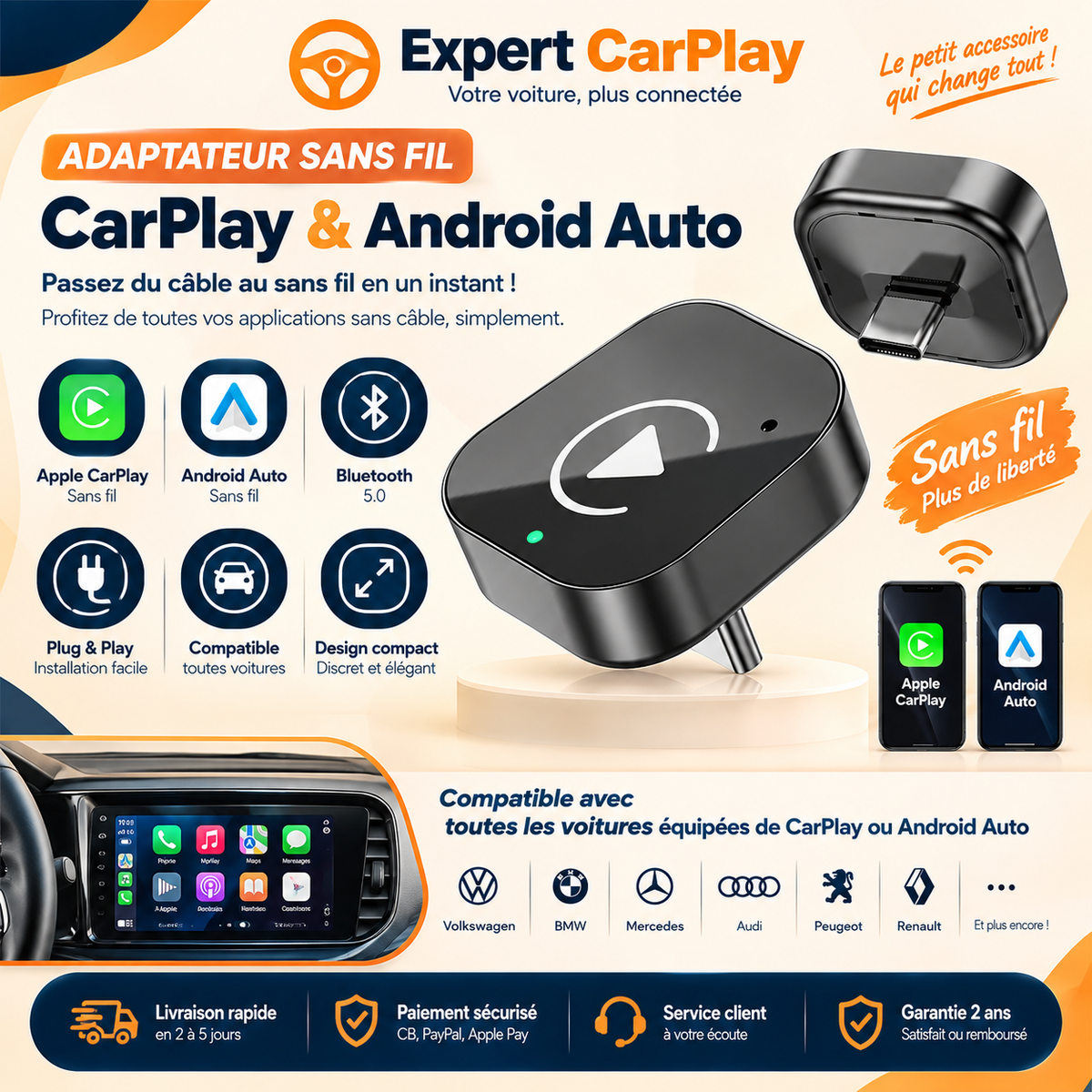 Adaptateur CarPlay & Android Auto Sans Fil USB-C 2-en-1