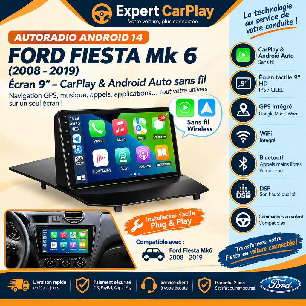 Système multimédia Android 9” CarPlay & Android Auto pour Ford Fiesta (2008–2019)