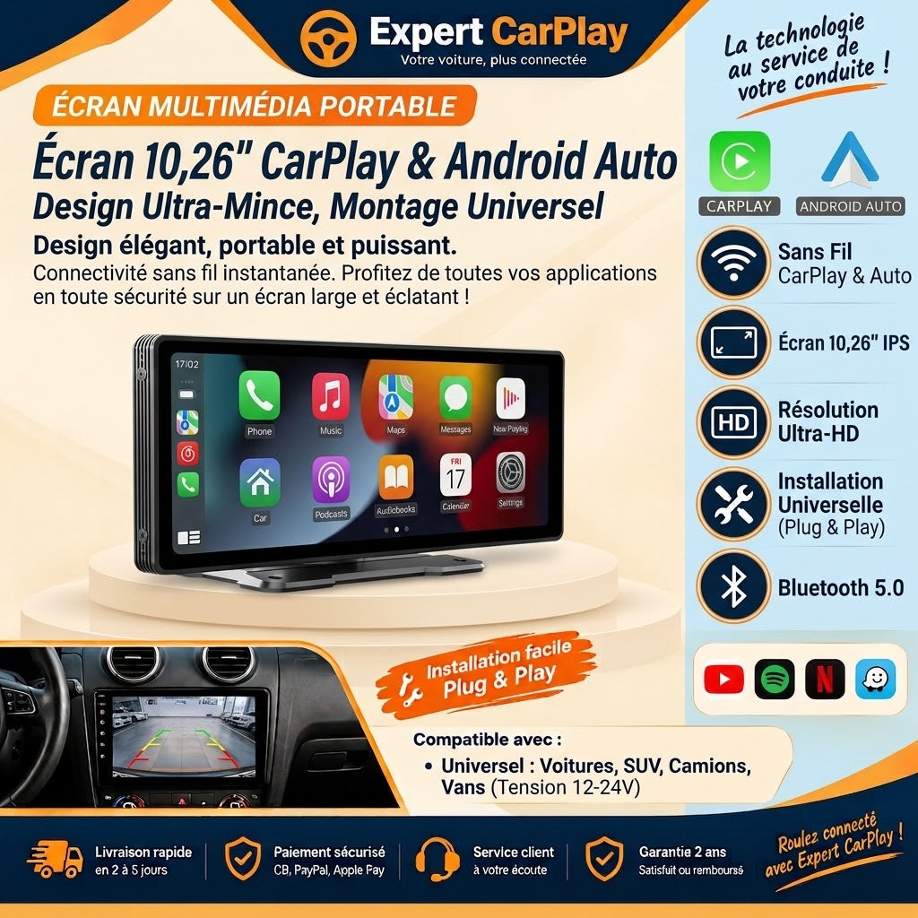 Écran Rétroviseur CarPlay & Android Auto 10,26" Sans Fil