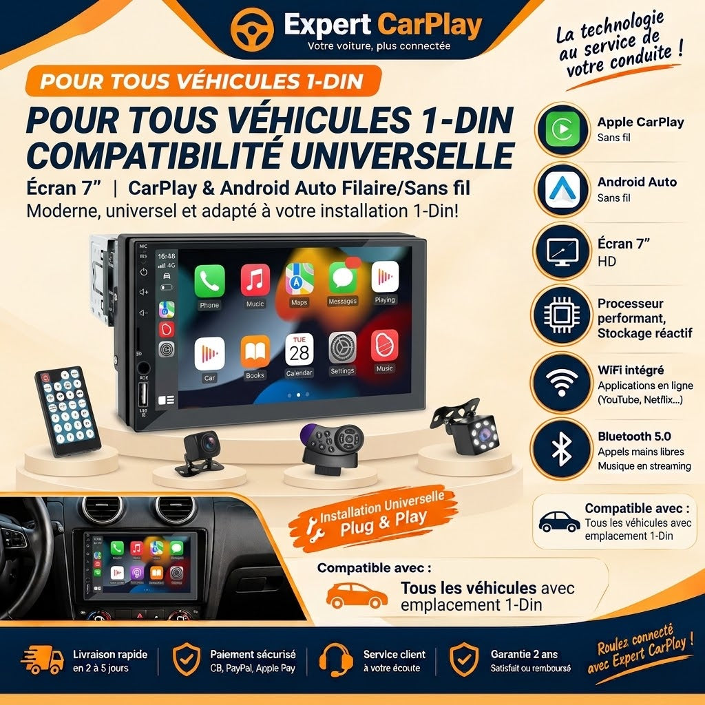 Autoradio 1 DIN CarPlay & Android Auto Écran Tactile 7"