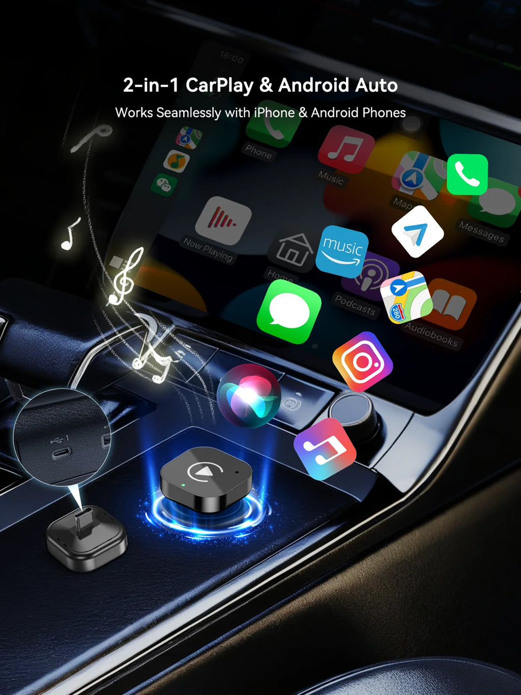 Adaptateur CarPlay & Android Auto Sans Fil USB-C 2-en-1