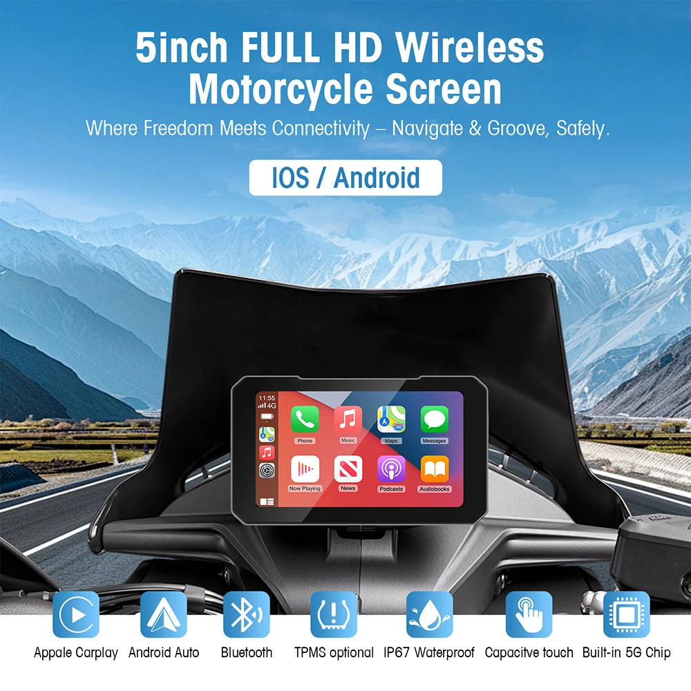 Écran moto CarPlay Android Auto 5 pouces – navigation GPS portable étanche