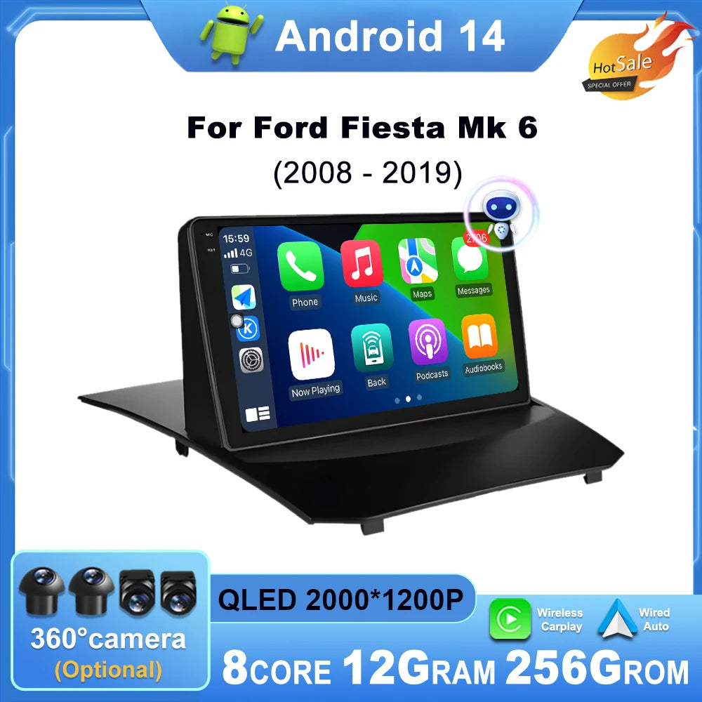 Système multimédia Android 9” CarPlay & Android Auto pour Ford Fiesta (2008–2019)