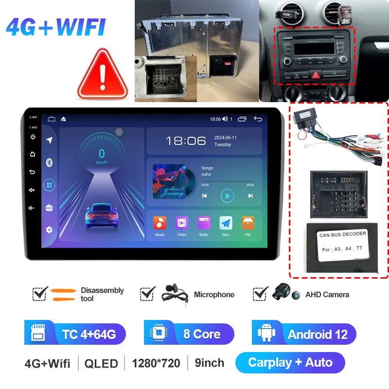 Autoradio CarPlay Android 12 Audi A3 2003-2013
